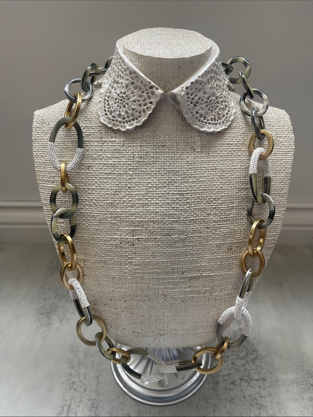 J.Crew Mixed Metal Link Necklace with White and Green Gold Rope Accents